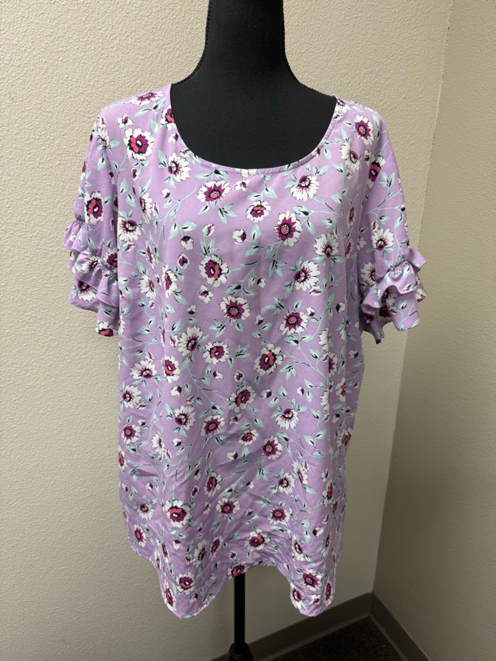 Lane Bryant Floral Blouse Ruffle Sleeve Purple Top Plus 22 Boho Spring Chic - Picture 2 of 10
